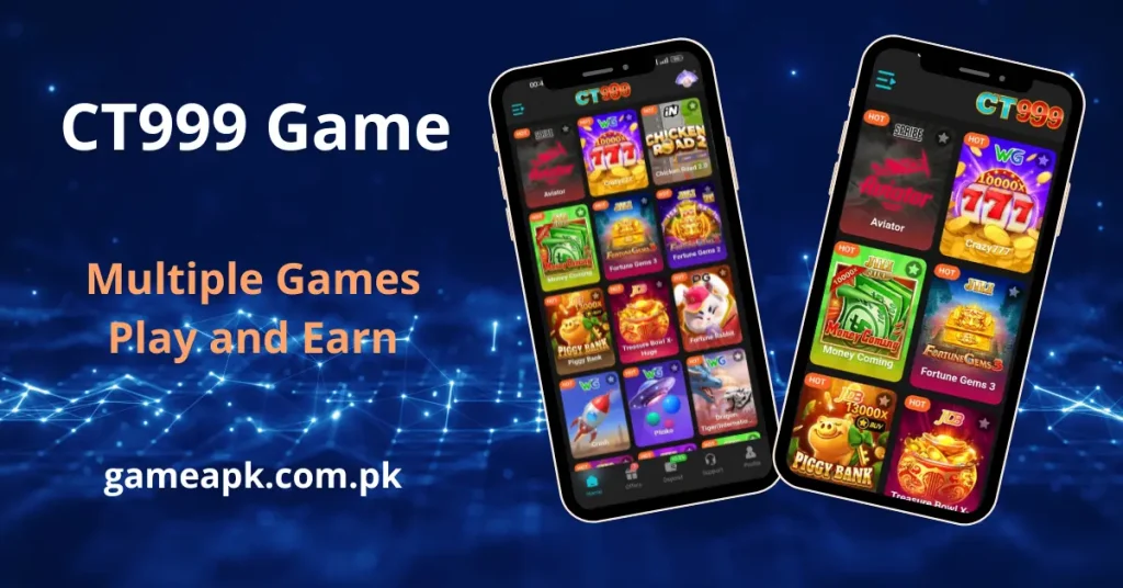 CT999 app showing multiple play and earn games on two mobile screens including Aviator Fortune Gems 3 etc.