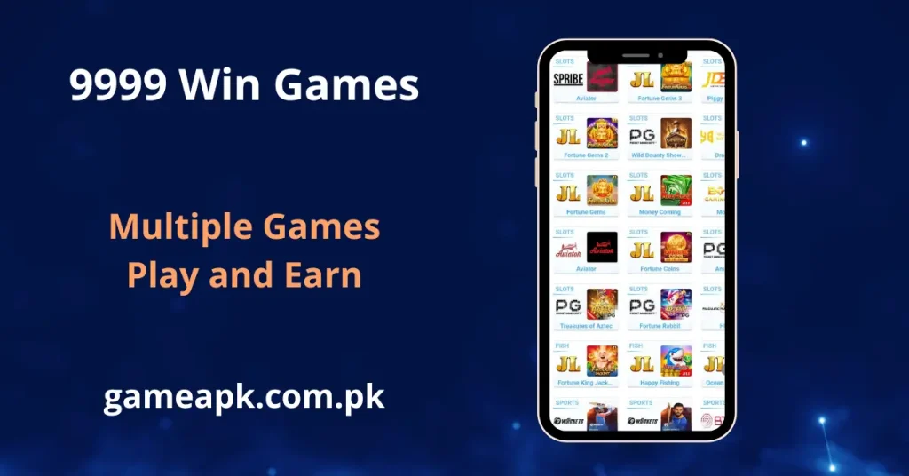 9999Win Game app displaying a large library of slot and fish games including Aviator, Fortune Gems, Piggy Bank, Treasures of Aztec, and sports betting options. Play and earn with hundreds of games available on 9999Win at gameapk.com.pk.