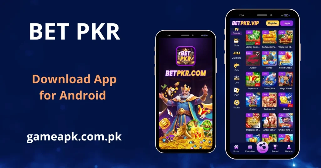 BET PKR APK Download screen showing game lobby with slots, fish, live, and sports categories on Android – gameapk.com.pk