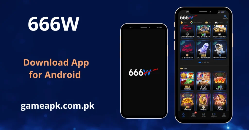 666W Android app home screen showing Blockchain game categories including Spribe, WG, INOUT, 2J, JILI, TBGames Blockchain and slot providers including JILI Slot, PG Slot, WG Slot, JDB Slot, PP Slot, and FC Slot