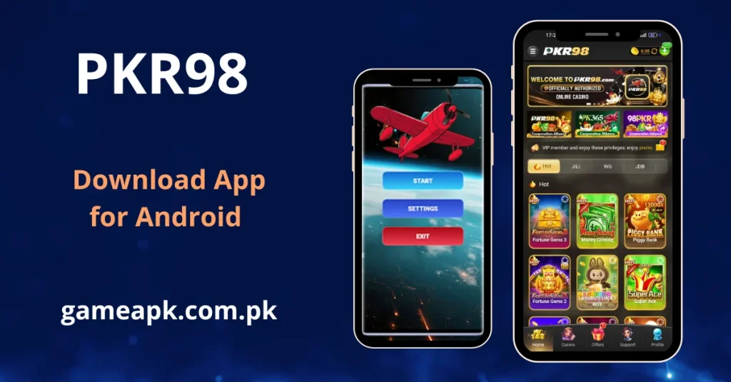 PKR98 APK DOWNLOAD - app home screen showing Aviator game splash screen and home lobby with hot JILI slots including Fortune Gems 3, Money Coming, Piggy Bank, Fortune Gems 2, Labubu Lucky Box, and Super Ace