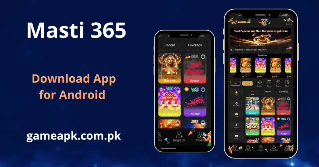 Masti365 APK Download - Screens shots showing Android app, showcasing a dark-themed, professional gaming interface. Two smartphones display popular titles like "Evo Live" and "Aviator" alongside a scrolling "Big Winner" ticker. The design conveys a high-energy, modern casino experience.