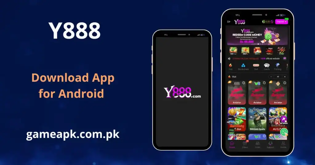 Y888 APK Download for Android – showing home screen with hot games including Aviator, 9Wickets Sports, and JILI slots, available at gameapk.com.pk