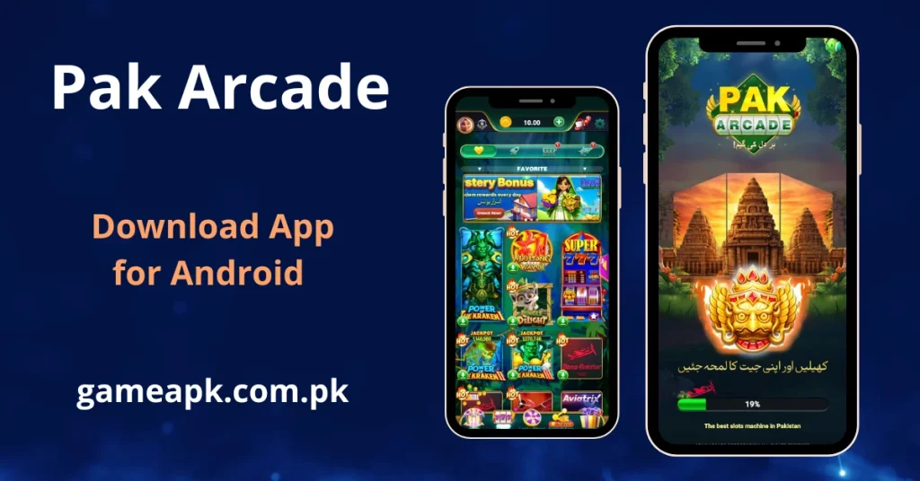 Pak Arcade APK Download -Android app featuring two smartphones: one displaying the game selection menu and the other showing a loading screen with an ancient temple theme
