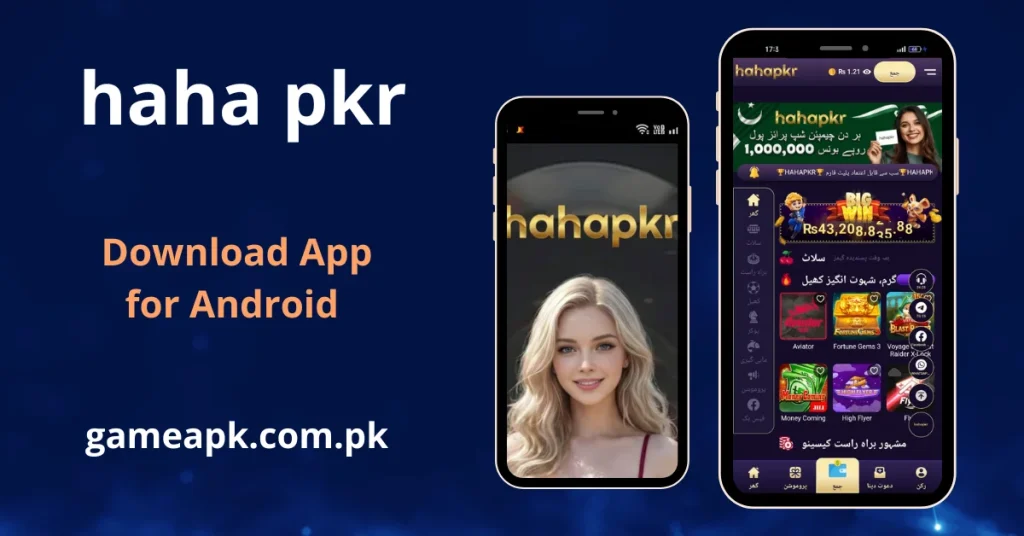 Haha PKR APK Download - image is about app interface showing home screen with slots, Aviator, Fortune Gems, and daily prize pool banner on Android