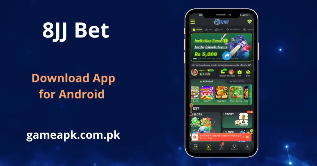 8JJ Bet APK Download - A single smartphone screen displays the app's home interface, featuring an "Invitation Bonus" banner for 5,000 rupees and a menu with sections for "Slots," "Sport," and "Blockchain".