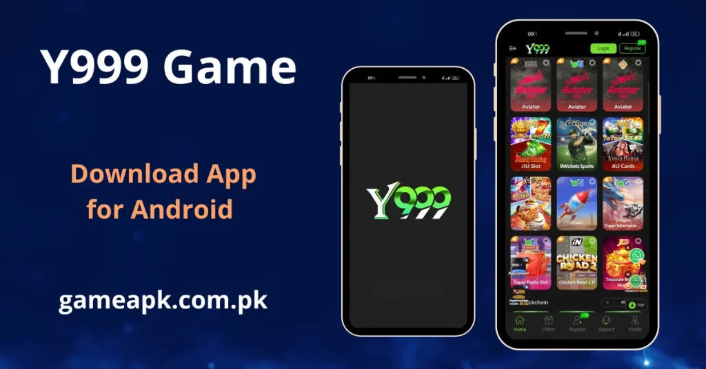 Y999 APK Download - features a smartphone with a dark splash screen displaying the green "Y999" logo and another showing the main dashboard with game categories like "Aviator" and "9Wickets Sports"