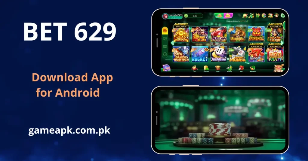 BET629 APK home screen showing game dashboard and balance