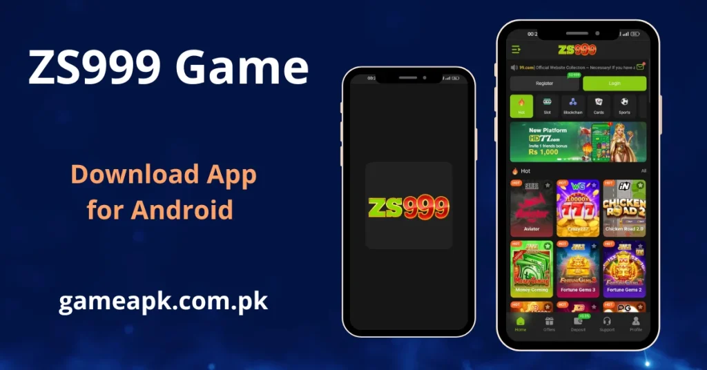ZS999 APK Download - Two mobile phone screens showing game startup interface and in app interface with multiple game categories.