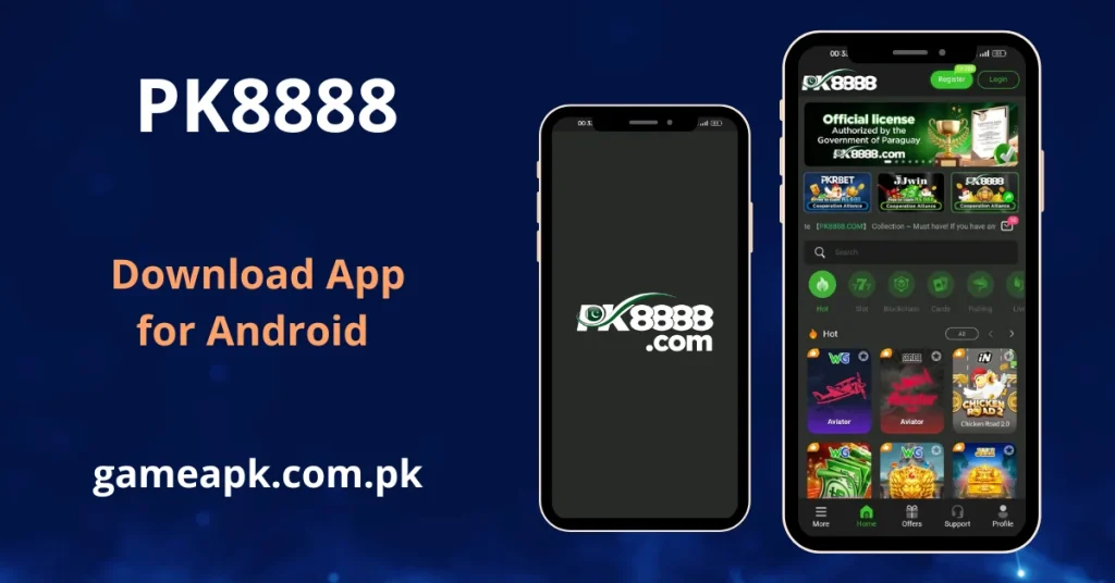 PK8888 APK Download - Image shows 2 mobile phone screens, on one it previews startup logo of the game, and on another in app interface of the game.