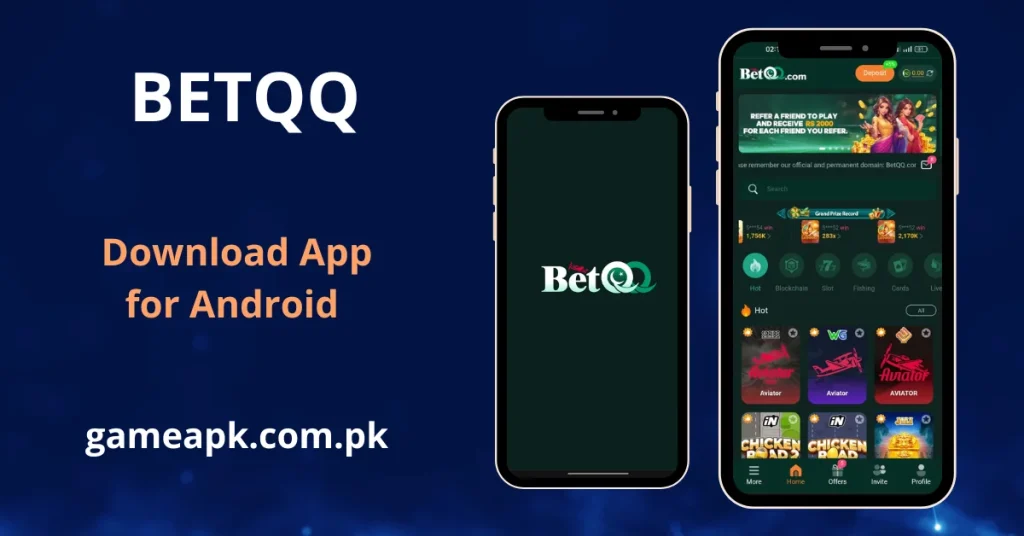 BetQQ APK download app interface for Android showing home screen with refer a friend Rs.2000 bonus banner