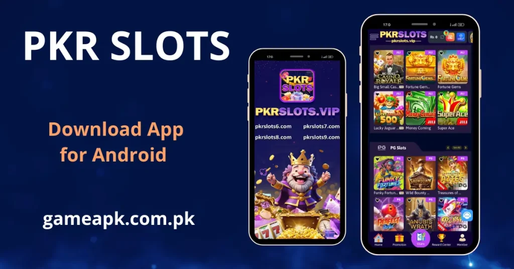 PKR Slots APK interface showing JILI and PG Slots games including Fortune Gems, Super Ace, and Money Coming on Android mobile screens
