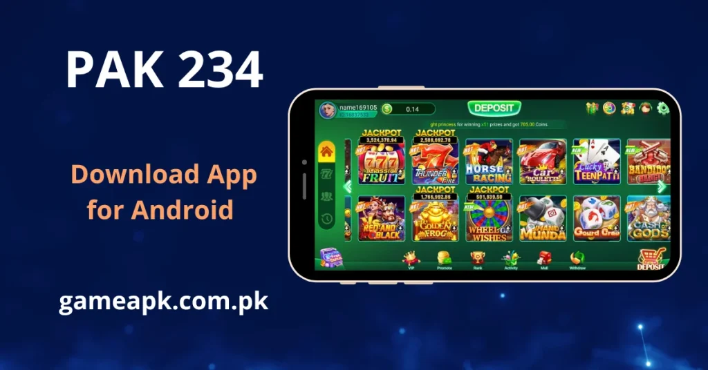 PAK234 APK download screen showing game lobby with fruit, teenpatti, live, and Wheel Whishes on Android – gameapk.com.pk