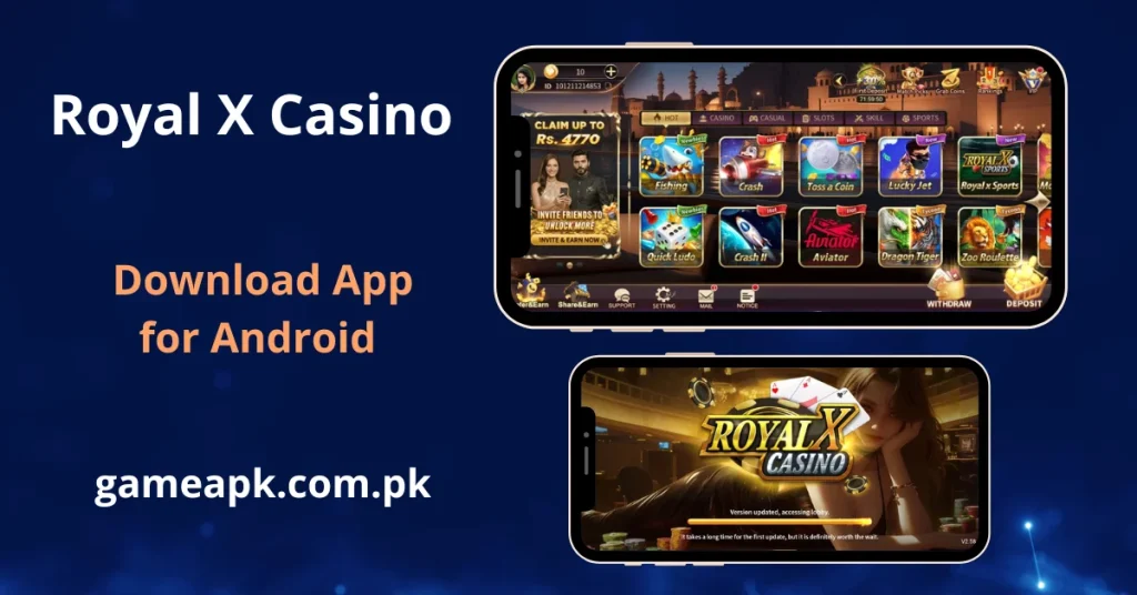  Royal X Casino APK Download -  Featuring two smartphones. The top phone displays a colorful game lobby with icons for "Fishing," "Crash," and "Aviator," while the bottom phone shows a loading screen with a woman and the Royal X Casino logo.