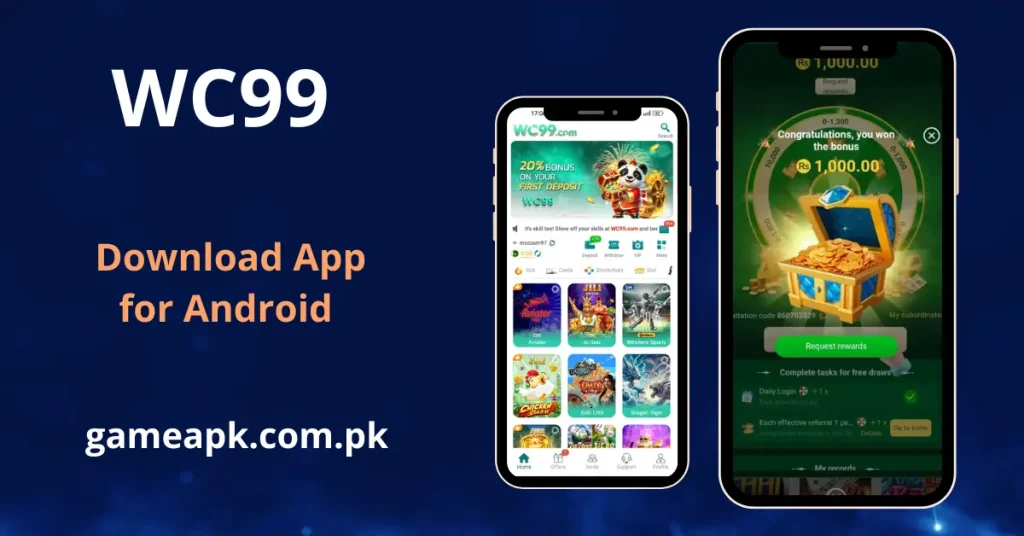 WC99 Android app home screen showing 20% first deposit bonus, game categories including JILI Slots and EVO Live, plus a Rs 1000 bonus win reward screen