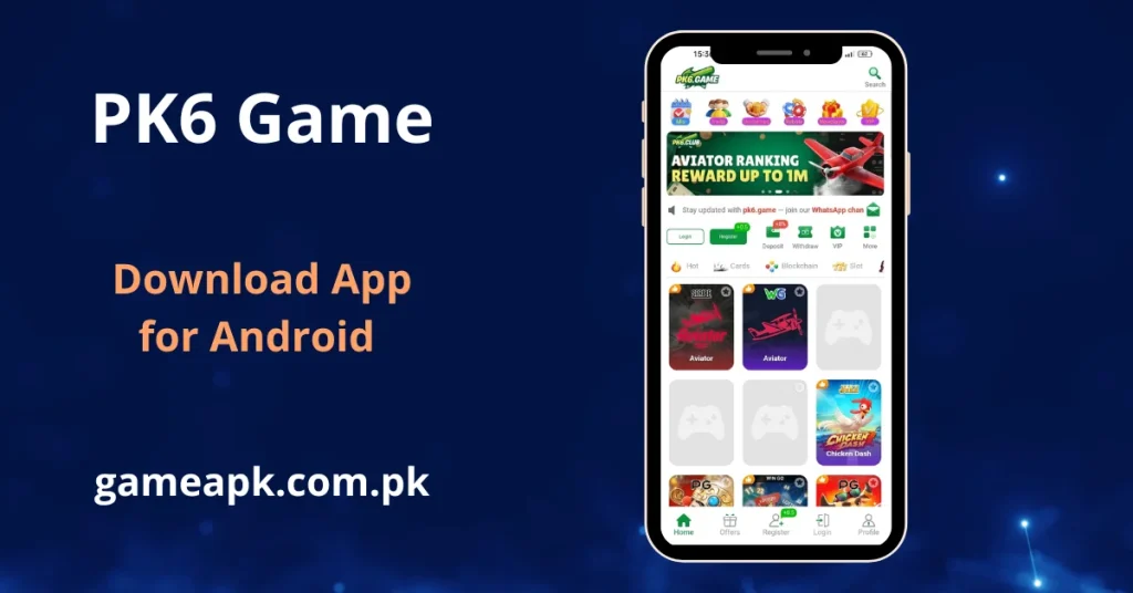 PK6 Game APK Download - app featuring a smartphone with a clean white interface, an "Aviator Ranking" rewards header, and various game category icons. The text includes "Download App for Android" and the website URL gameapk.com.pk.
