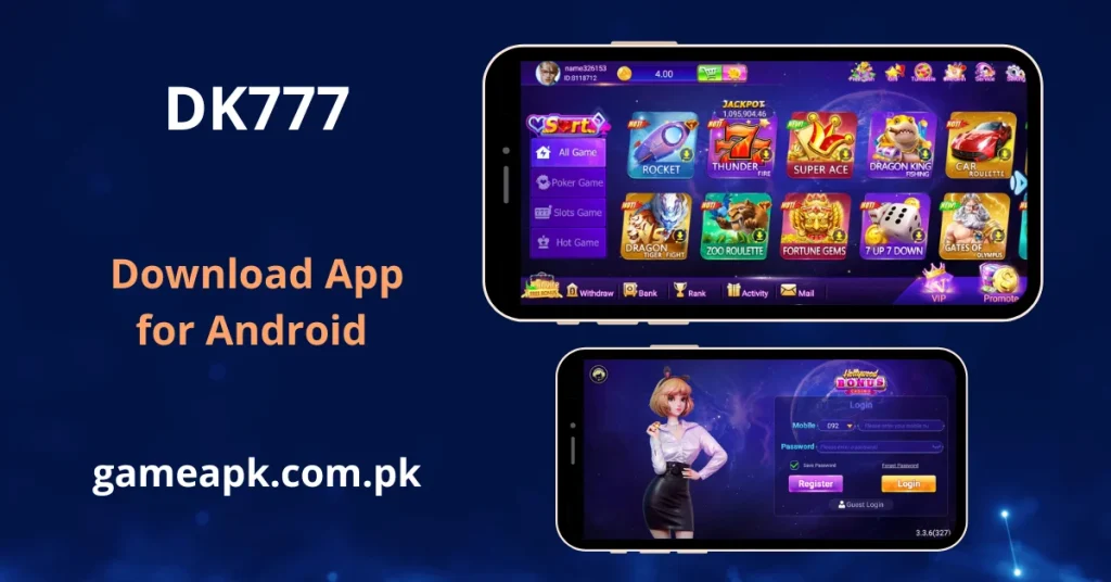 DK777 APK Download - Image displays the main dashboard with a vibrant purple theme, featuring game categories like "All Game," "Poker Game," and "Slots Game". It also shows a login screen with fields for mobile number and password.