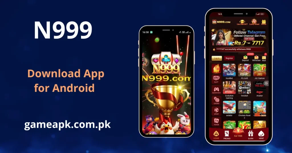 N999 Android app home screen showing game categories including KoolBet, PG Soft, JILI Games, Evolution Gaming, 9Wicket, and Aviator with Telegram gift code promotion