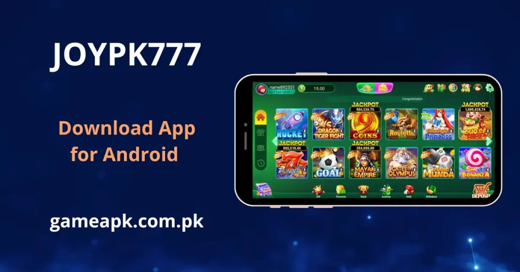 JOYPK777 APK Download - game app displayed in landscape mode on a smartphone showing jackpot games like Dragon Tiger Fight, 9 Coins, Roulette, and Mayan Empire. Download JOYPK777 APK for Android from gameapk.com.pk.