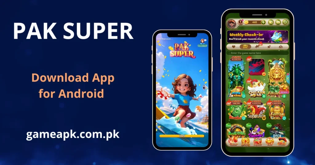 PAK SUPER APK download screen showing game lobby with Fortune Gems, teenpatti and Super Ace on Android – gameapk.com.pk