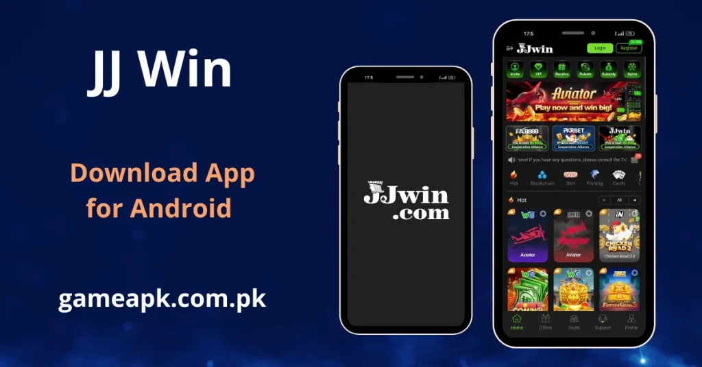 JJwin APK download screen showing game lobby with Fortune Gems, Money and Aviotor on Android – gameapk.com.pk