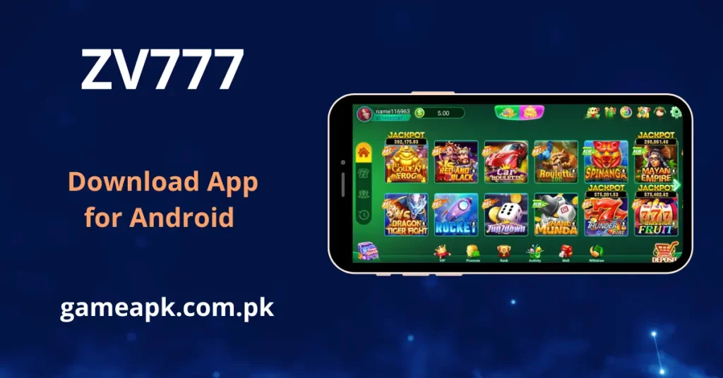 ZV777 Android app home screen showing jackpot slots including Golden Frog, Red and Black, Car Roulette, Spinanga, Mayan Empire, Dragon Tiger Fight, Rocket, 7up7down, Jhandi Munda, Thunder Fire, and Classic Fruit