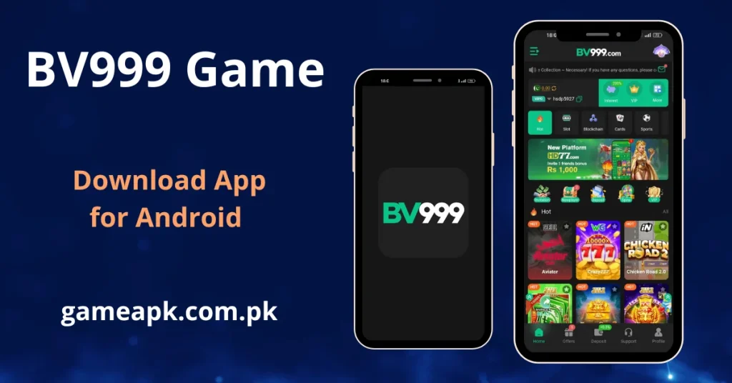 BV999 APK download screen showing game lobby with Fortune Gems, Aviator and Super Ace on Android – gameapk.com.pk