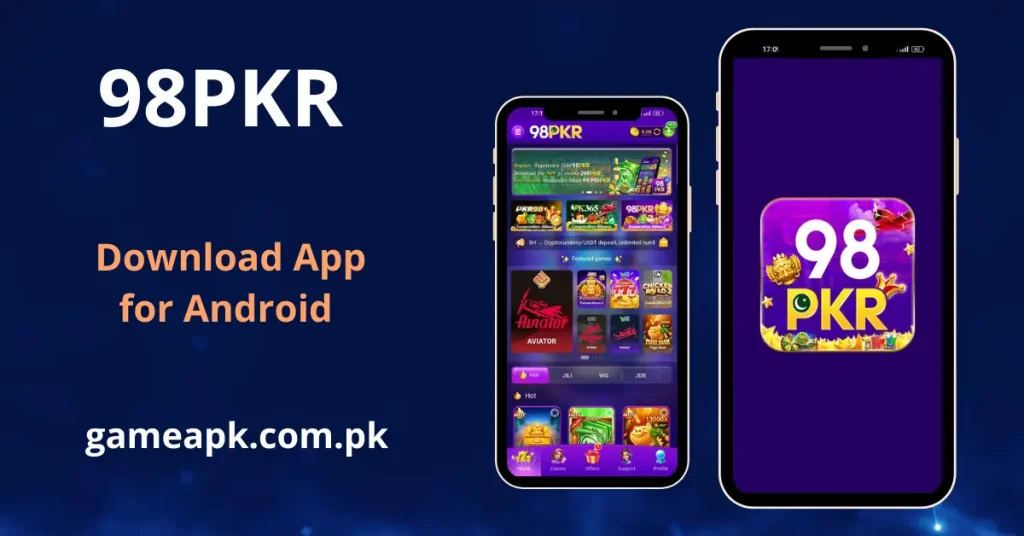 98PKR Android app home screen showing featured games including Aviator, Fortune Gems, Chicken Road, JILI, WG and JDB game categories alongside the 98PKR app logo