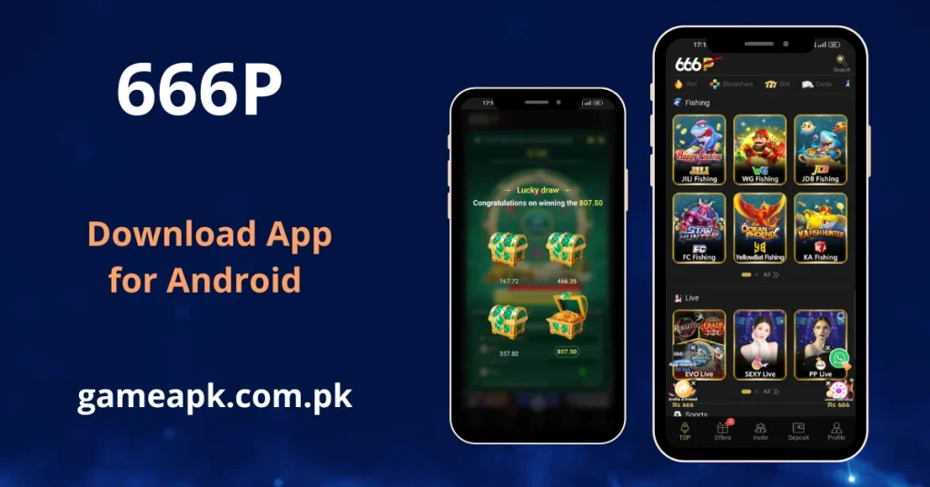 666P Android app home screen showing lucky draw win of Rs807.50 and game categories including JILI Fishing, WG Fishing, JDB Fishing, FC Fishing, YellowBat Fishing, KA Fishing, EVO Live, SEXY Live, and PP Live