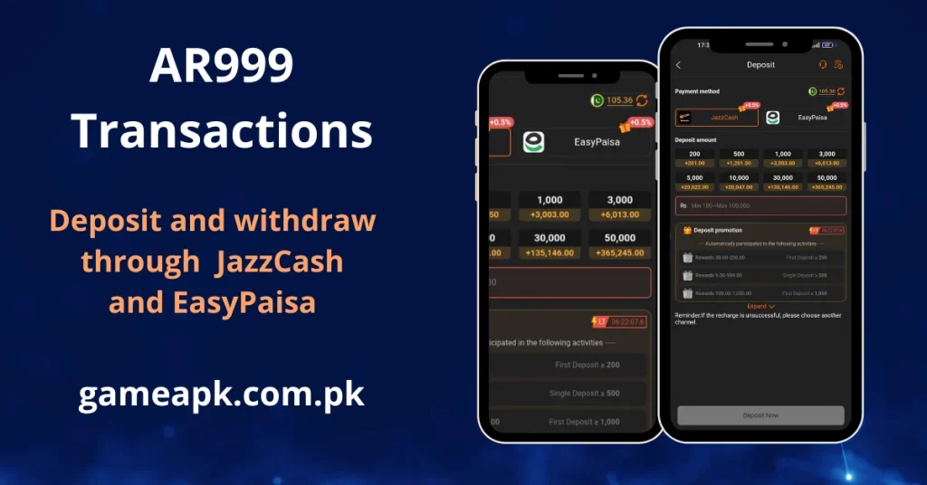 AR999 app transactions screen showing deposit and withdrawal options via JazzCash and EasyPaisa with multiple deposit amount tiers and promotional rewards — available at gameapk.com.pk