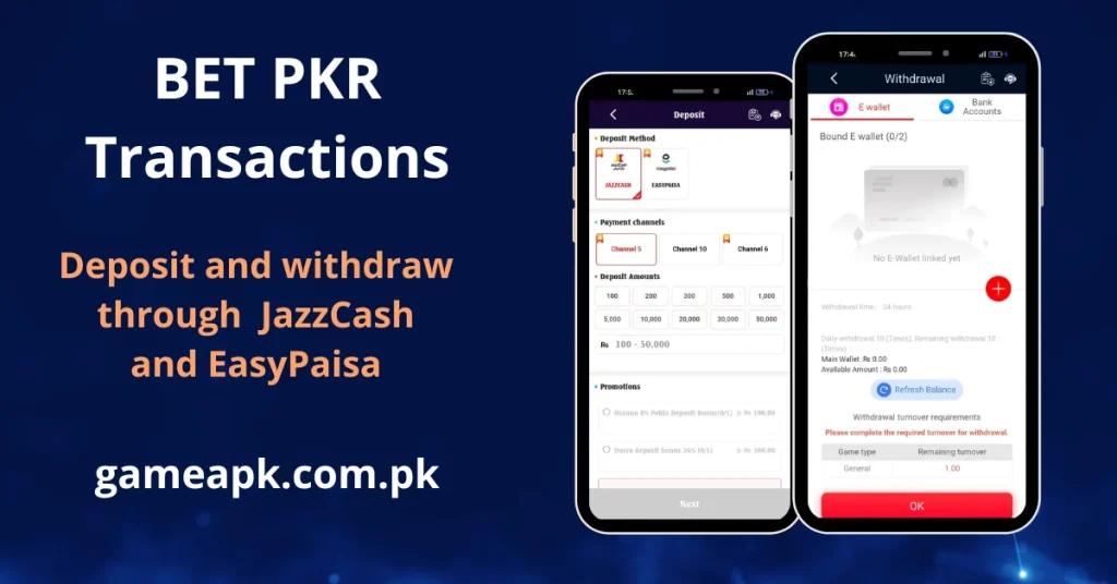 BET PKR deposit and withdrawal screen showing JazzCash and EasyPaisa payment options with Rs.100 minimum – gameapk.com.pk