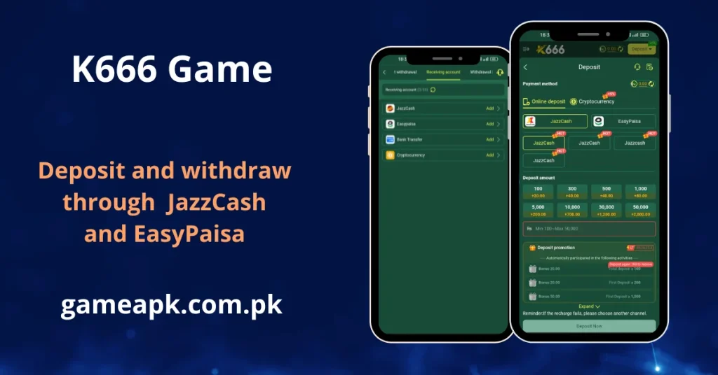 Informational graphic for K666 Game detailing JazzCash and EasyPaisa transaction methods with screenshots of the receiving account setup and the deposit amount selection screen.