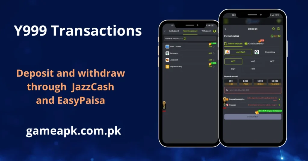 An informational image for Y999 Transactions highlighting deposit and withdrawal via JazzCash and EasyPaisa. Two smartphone screens depict the payment method selection and the deposit interface with preset amounts like 300, 1,000, and 50,000.