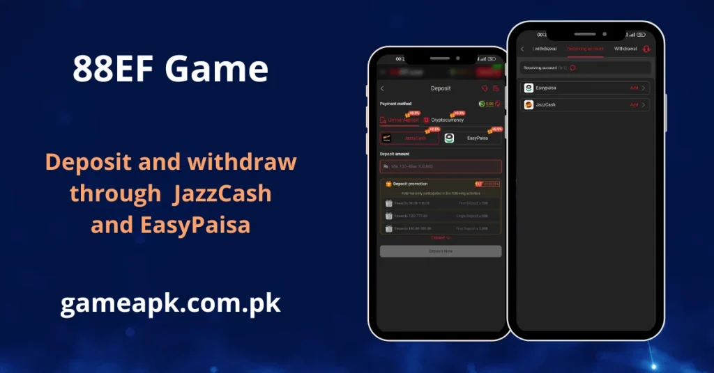 A graphic for 88EF Game explaining transaction options through JazzCash and EasyPaisa. Two smartphone screens show the deposit interface with a "Deposit Promotion" section and the "Receiving account" setup page.