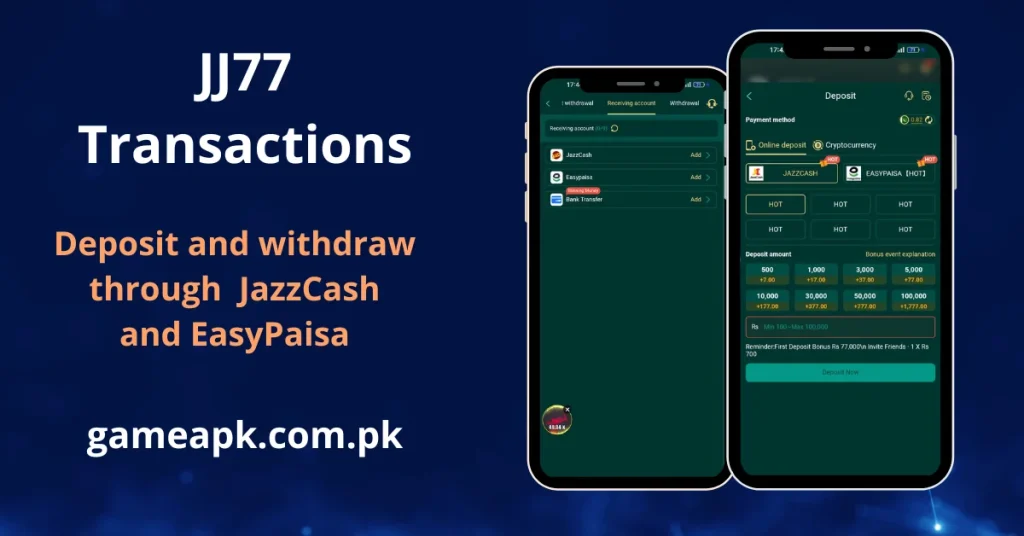 Image shows JJ77 Deposits and withdrawal on mobile phone