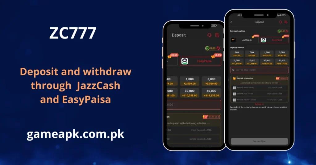 ZC777 deposit and withdrawal interface showing JazzCash and EasyPaisa payment options with deposit amounts in PKR