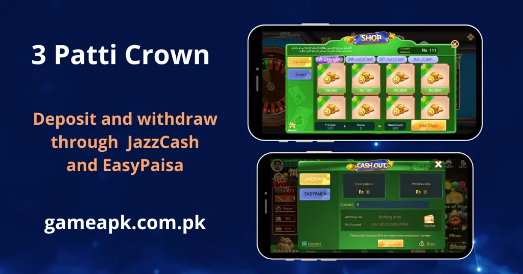 Two mobile phone screens showing deposit and withdrawal sections of 3 Patti Crown.