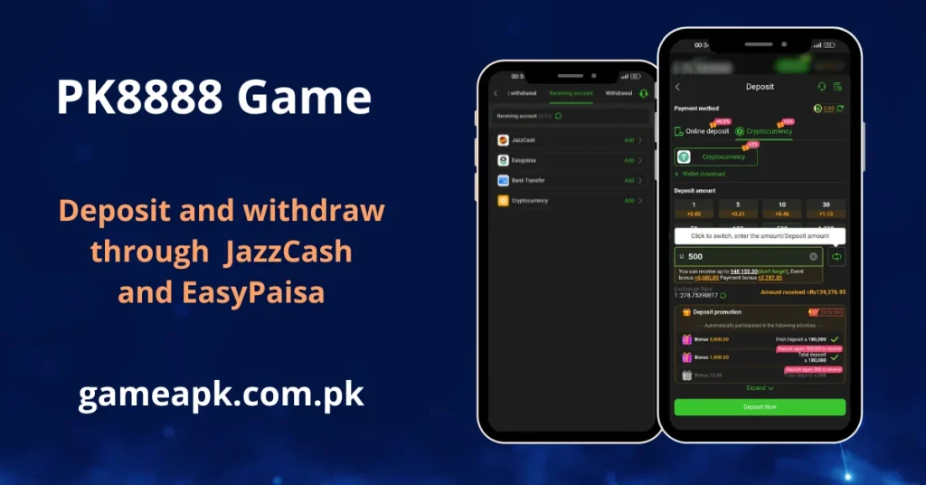 PK8888 details transaction support for JazzCash, EasyPaisa, Bank Transfer, and Cryptocurrency. It mentions a "Deposit promotion" where a first deposit of 100,000 can yield a 5,000.00 bonus.