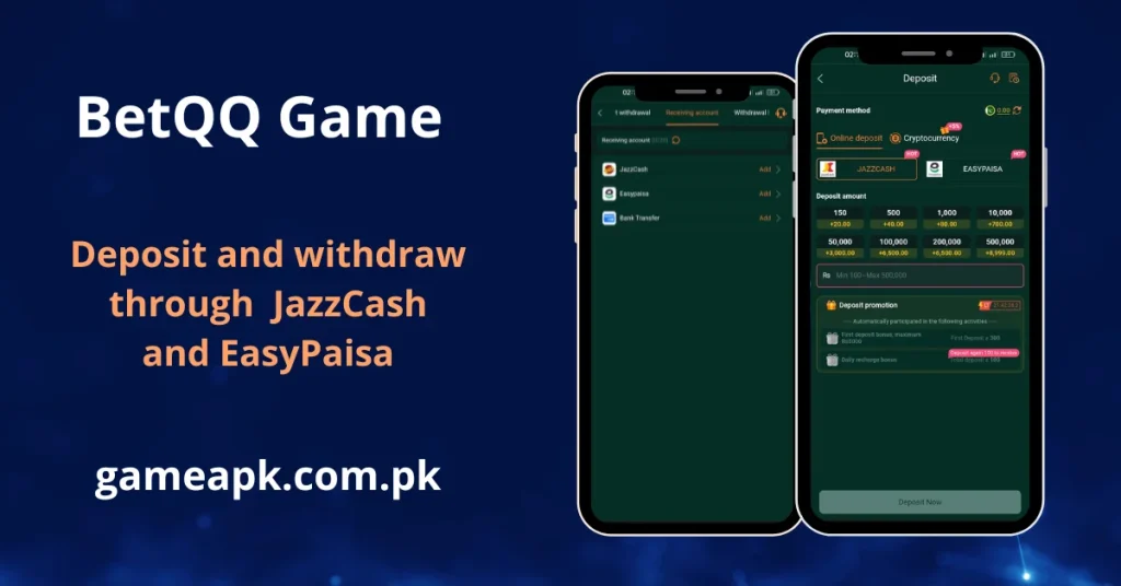 BetQQ Game deposit and withdrawal screen showing JazzCash and EasyPaisa options with PKR deposit amounts