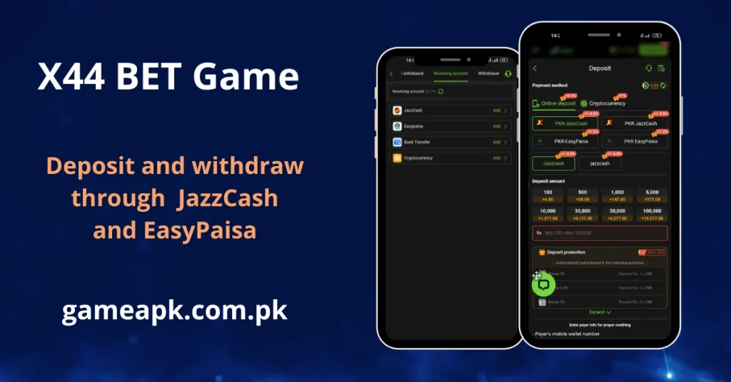 A digital graphic for X44 BET Game showcasing two mobile screens that detail the "Deposit" and "Withdraw" interfaces with various payment options. The banner highlights that users can deposit and withdraw through JazzCash and EasyPaisa, providing the gameapk.com.pk link.