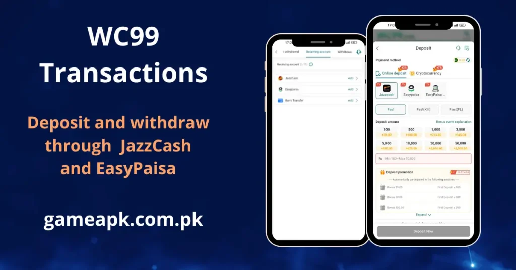 WC99 transaction screens showing deposit and withdrawal options via JazzCash, EasyPaisa, and Bank Transfer with deposit amounts ranging from Rs 100 to Rs 50,000