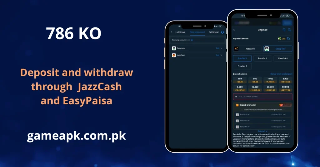 Two smartphone screens showing the deposit and withdrawal options for the "786 KO" app, highlighting mobile wallet integration with JazzCash and EasyPaisa.