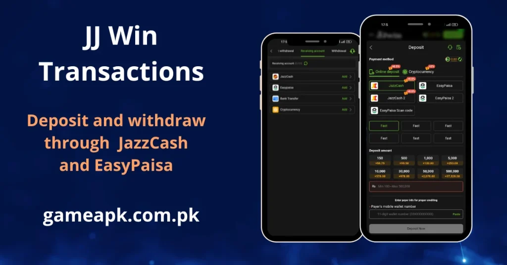 JJwin deposit and withdrawal screen showing JazzCash and EasyPaisa payment options with Rs.150 minimum – gameapk.com.pk