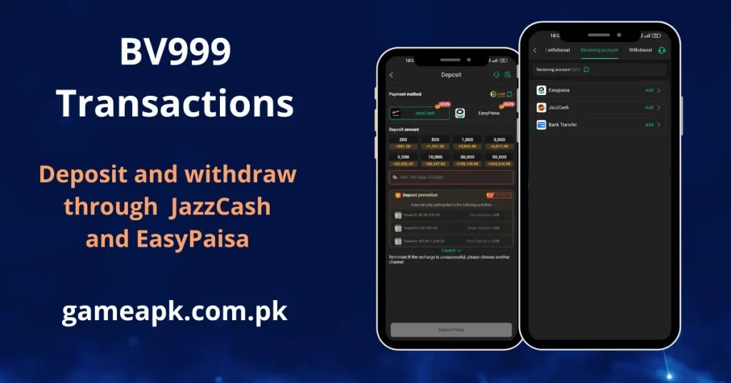 BV999 deposit and withdrawal screen showing JazzCash and EasyPaisa payment options with Rs.200 minimum – gameapk.com.pk