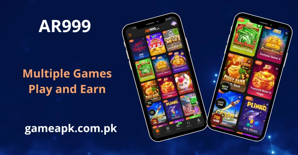 AR999 app displaying multiple casino games including Aviator, Chicken Road 2, Fortune Gems 3, Piggy Bank, Plinko, and WG Crash on two smartphones under the tagline Multiple Games Play and Earn — available at gameapk.com.pk