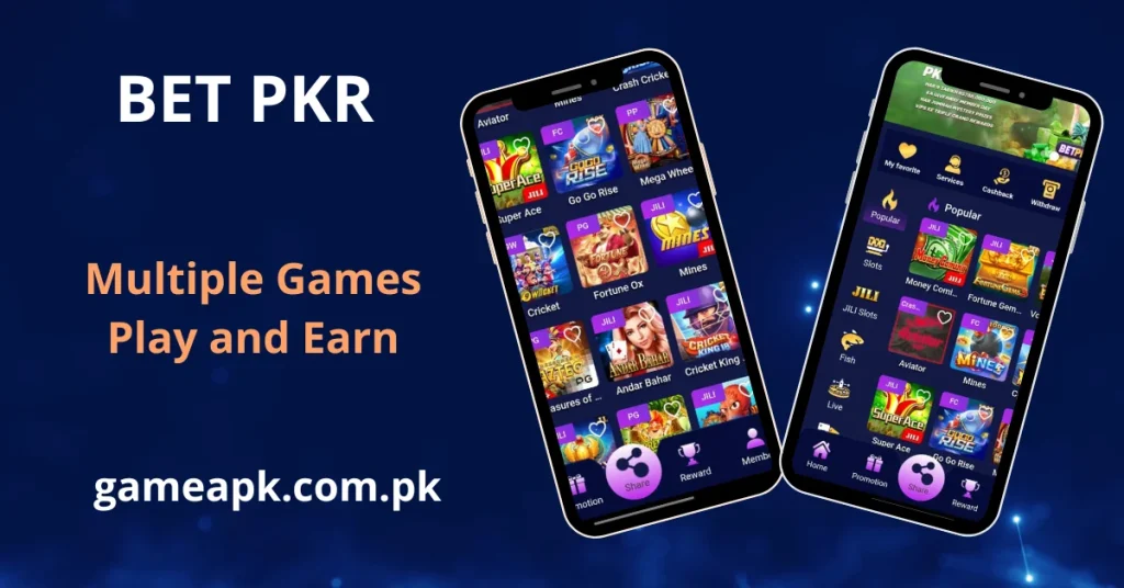 BET PKR games library showing Super Ace, Go Go Rise, Mines, Aviator, Andar Bahar, Cricket King, and Fortune Ox on Android – gameapk.com.pk