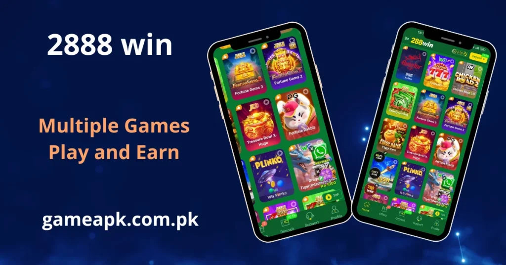 A "Multiple Games Play and Earn" banner for "2888 win" featuring a dynamic display of two tilted smartphones. The screens are filled with colorful game icons including Plinko, Fortune Gems, and Piggy Bank. This visual emphasizes the variety of entertainment options available to users.