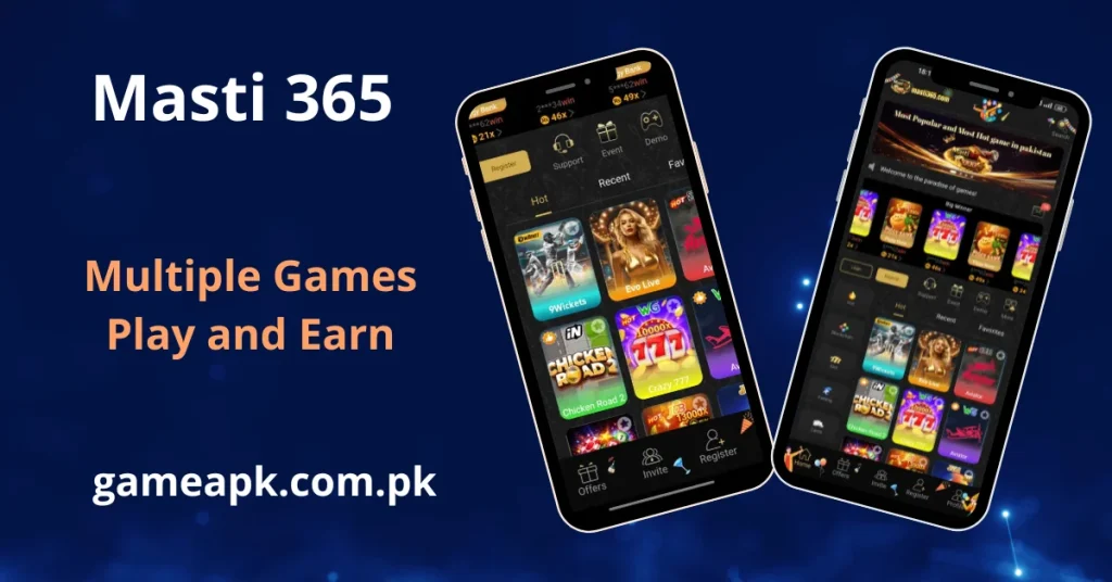 A dynamic "Multiple Games Play and Earn" graphic for the Masti 365 app, featuring two smartphones tilted against a deep blue background. The screens showcase a diverse game library including 9Wickets, Chicken Road 2, and Crazy 777, alongside a "Big Winner" live feed. It emphasizes a high-variety, interactive gaming experience for users.