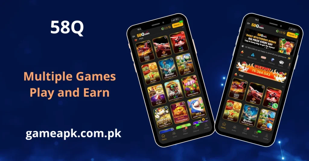 58Q casino app games screen showing two smartphones displaying 58Q.com's hot games section with a Jackpot counter at 75,364,543 and a variety of games including multiple Aviator variants, JILI Slot, 9Wickets Sports, JILI Cards, PG Slot, Dragon Tiger International, Super Fruits, Chicken Road 2.0, TreasureBowl, and Happy Fishing, alongside the Daily Mysterious Bonus banner.