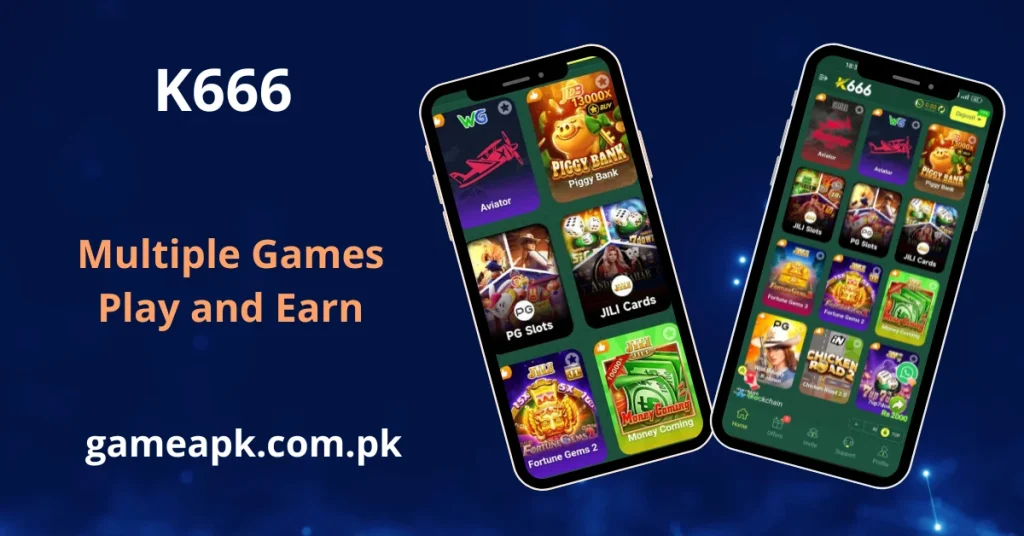 Promotional image for K666 displaying "Multiple Games Play and Earn" with two smartphones tilted to show a grid of available betting and arcade games like Aviator and Piggy Bank.